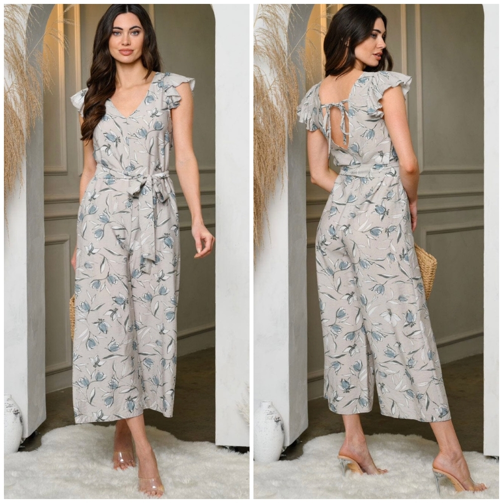 Feminine Chic Floral Gray Open Back Jumpsuit - Picture 2 of 6